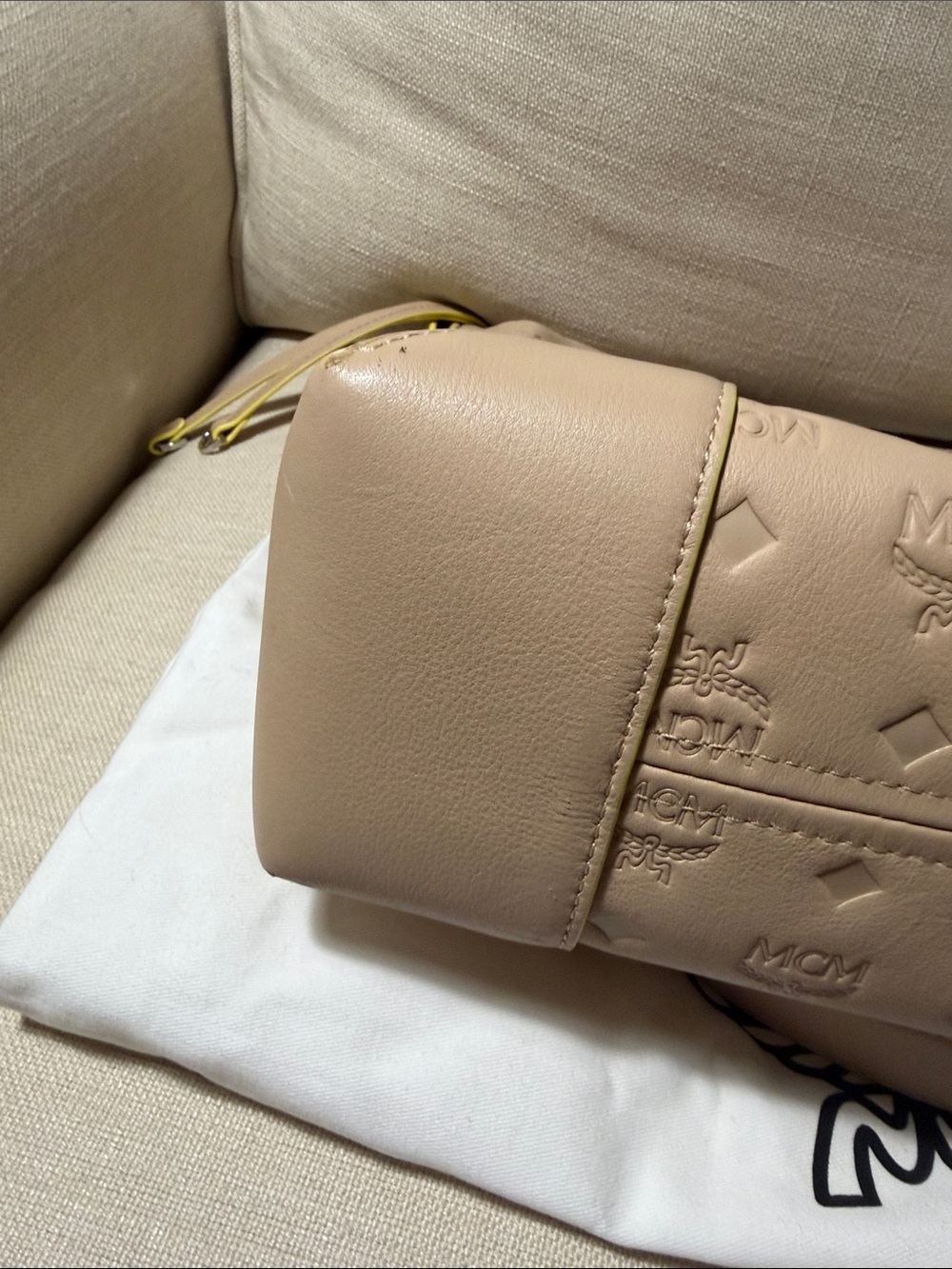 MCM Taupe Leather Shoulder Bag with Yellow Trim - Picture 7 of 10